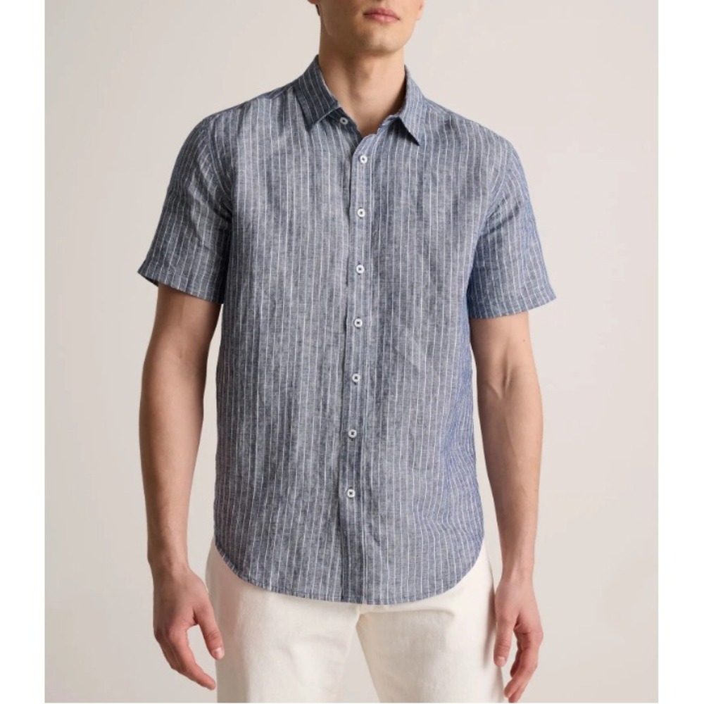 Quince Men's Chambray Stripe 100% European Linen Short Sleeve‎ Shirt Size M NWT